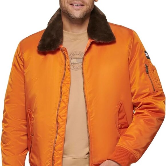 Tommy Hilfiger Men's Bomber Jacket with Removable Pile Collar Orange - Picture 2 of 5